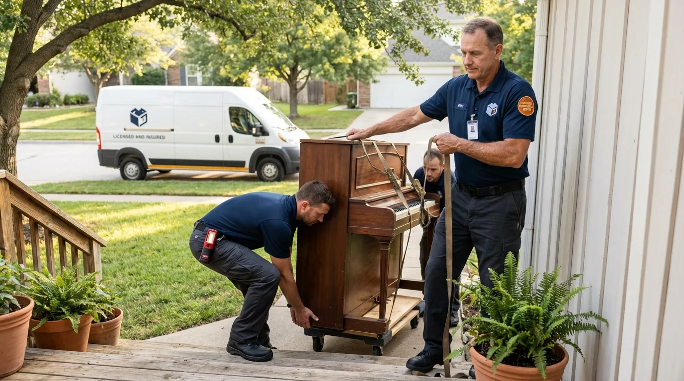 Licensed piano movers securing grand piano in Rockland, MA