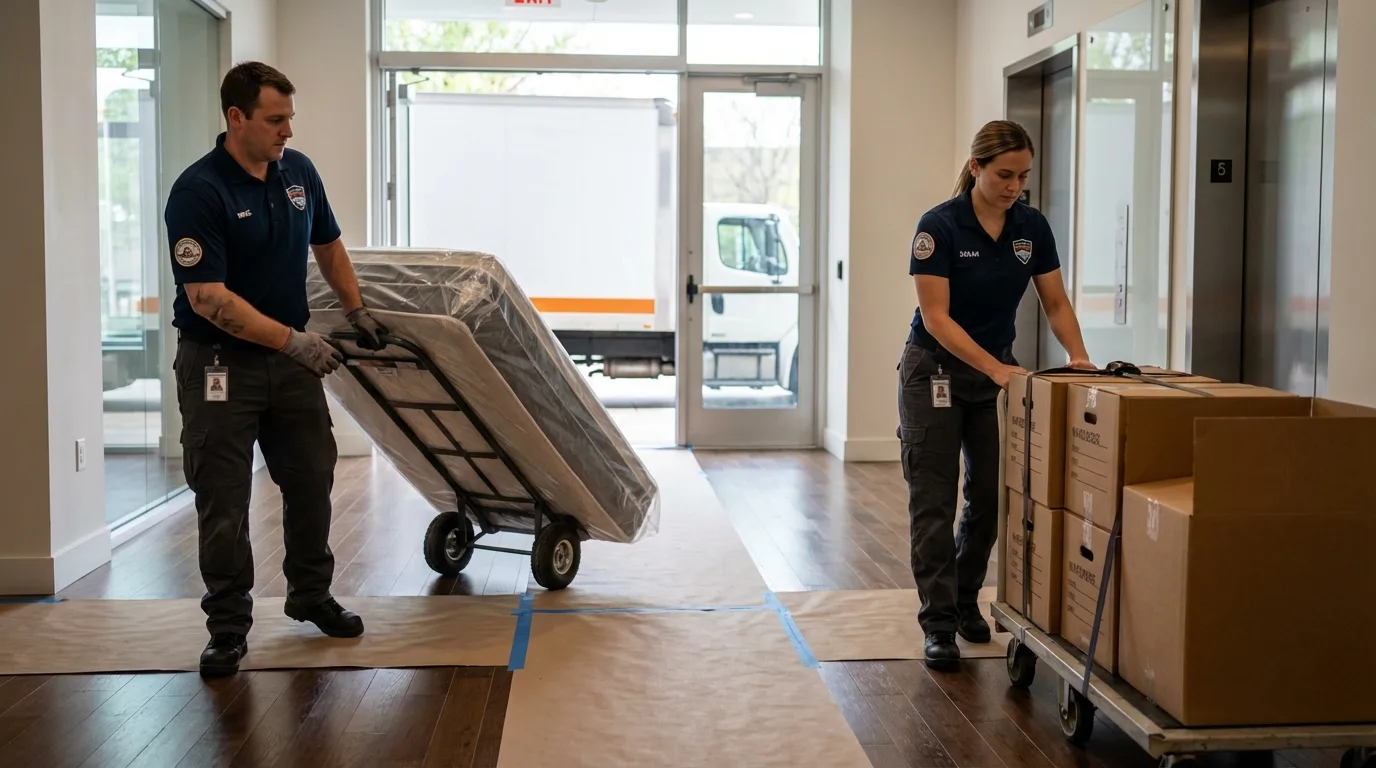 Professional apartment movers loading elevator in Rockland, MA