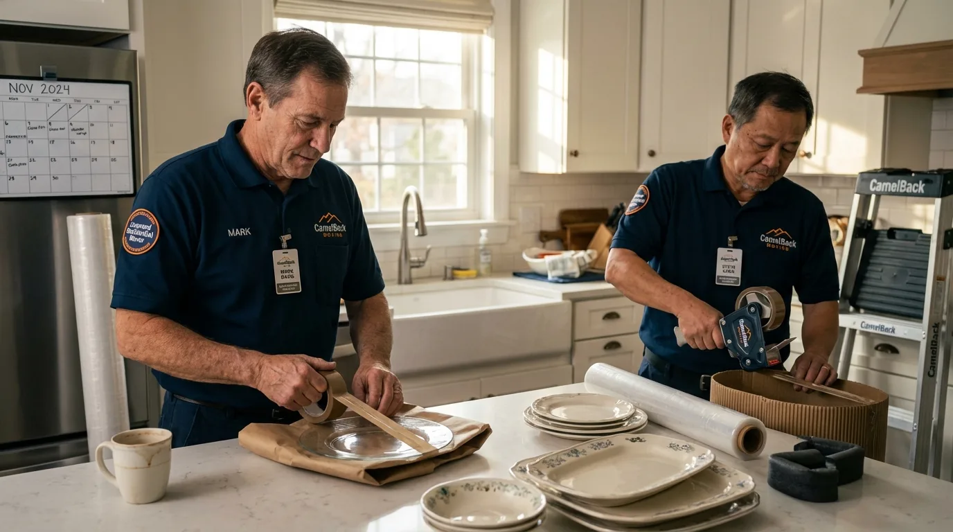 Professional crew packing kitchen dishware in Rockland, MA